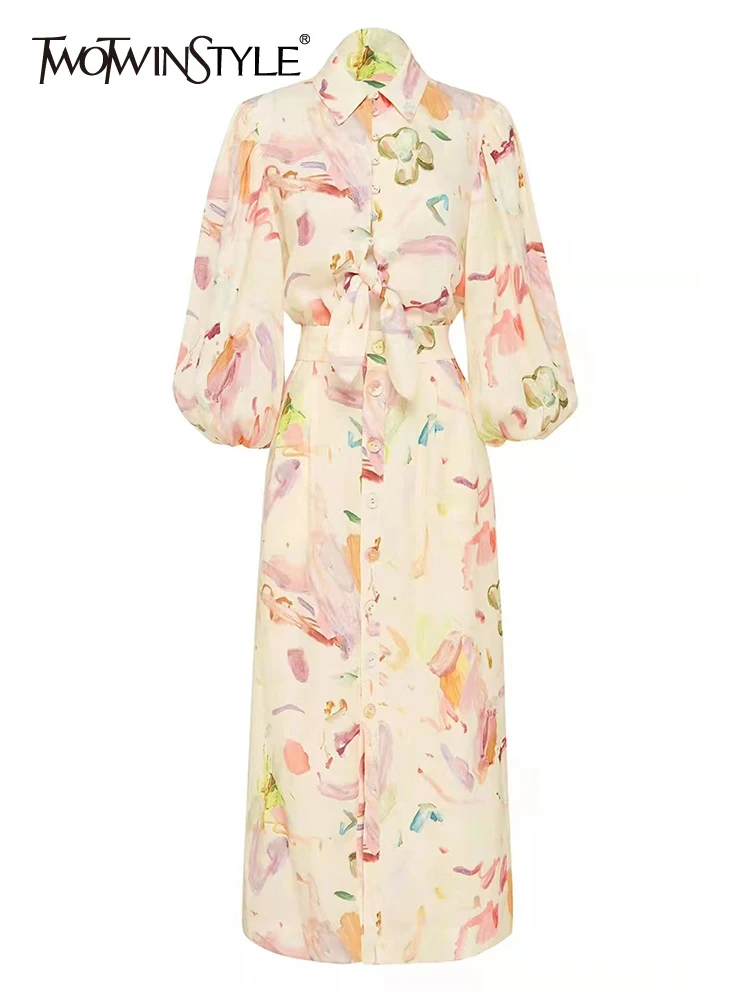 

TWOTWINSTYLE Vintage Cut Out Dress For Women Lapel Long Sleeve High Waist Loose Midi Dresses Female Fashion Clothing Style New