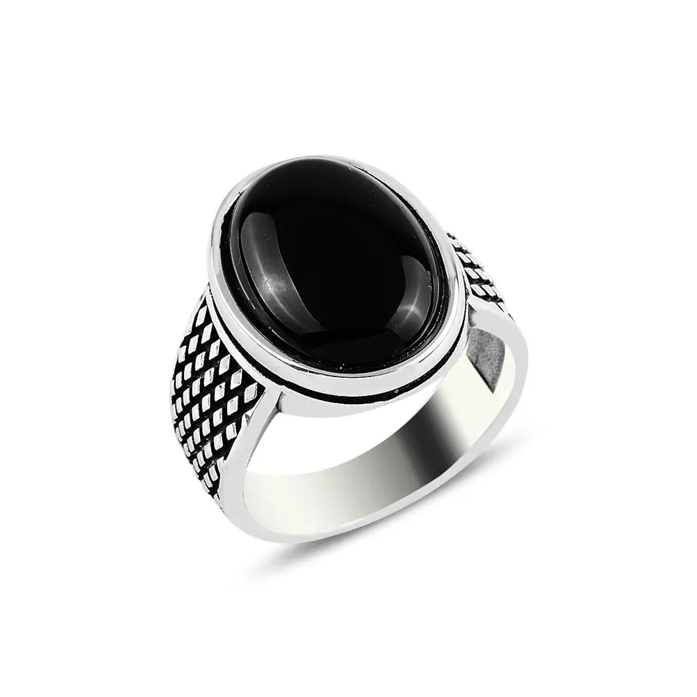 

Black Onyx Stone Diamond Patterned Sterling Silver Men's Ring 925 Genuine Sterlling Silver Turkish Jewelery Luxury First Quality