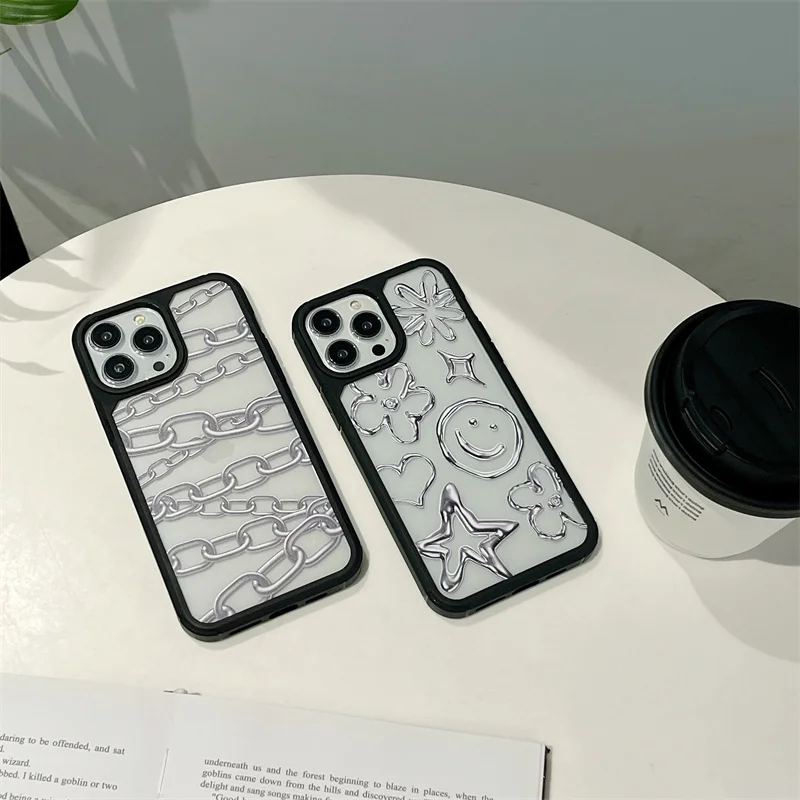 Модный серебристый черный армированный чехол с цепями для телефона iPhone 15 13 Mini 14Pro
