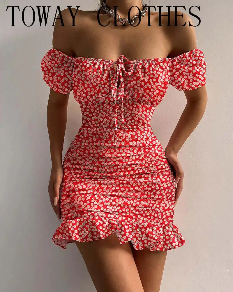 Женское платье с оборками на подоле, Повседневное платье-мини с открытыми плечами и цветочным принтом, лето 2022