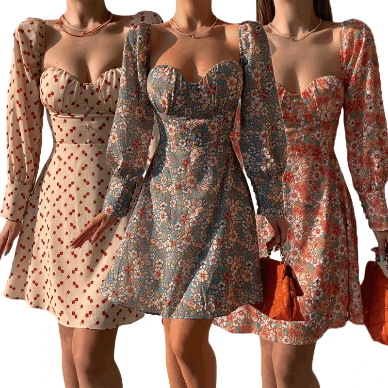 

Spring Summer Women Dress 2022 Square Collar Floral Print Full Sleeve A Line Dress Vestidos