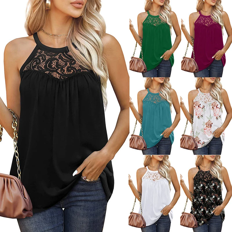 

Womens Lace Pleated Sleeveless Tank Tops Summer Fashion Black White Round Neck Cotton Pullover Vest Top Ladies Casual Camisole