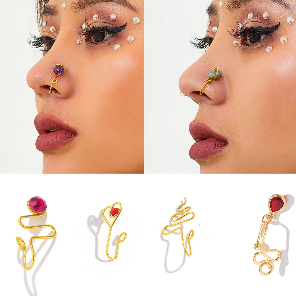 

1Piece Fake Piercing Clip Nose Ring Cuff Body Jewelry For Women 2022 New Trend Ear Cuffs Heart Chain Star Clip Nose Rings