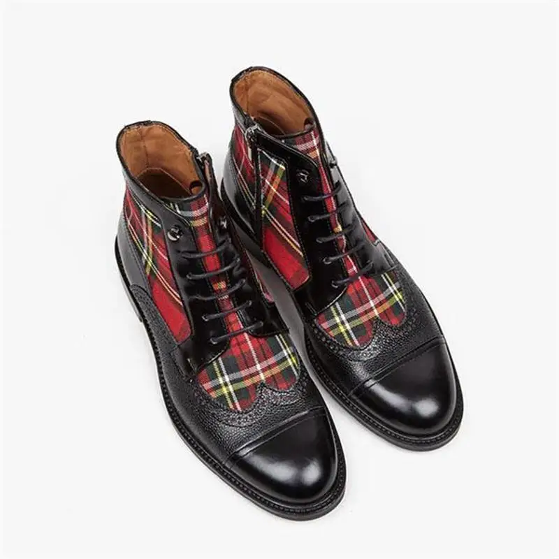 Homens botas de tornozelo britânico preto pu costura xadrez lona dedo do pé redondo brogue escultura rendas até moda casual festa diária vestido sapatos