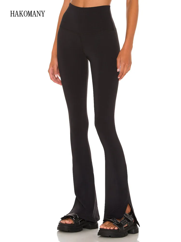 

2022 Woman Tight Flare Full Length Trousers Casual Bottom Spring Y2K Plain Solid Black Color High Stretch Side Slit Pants