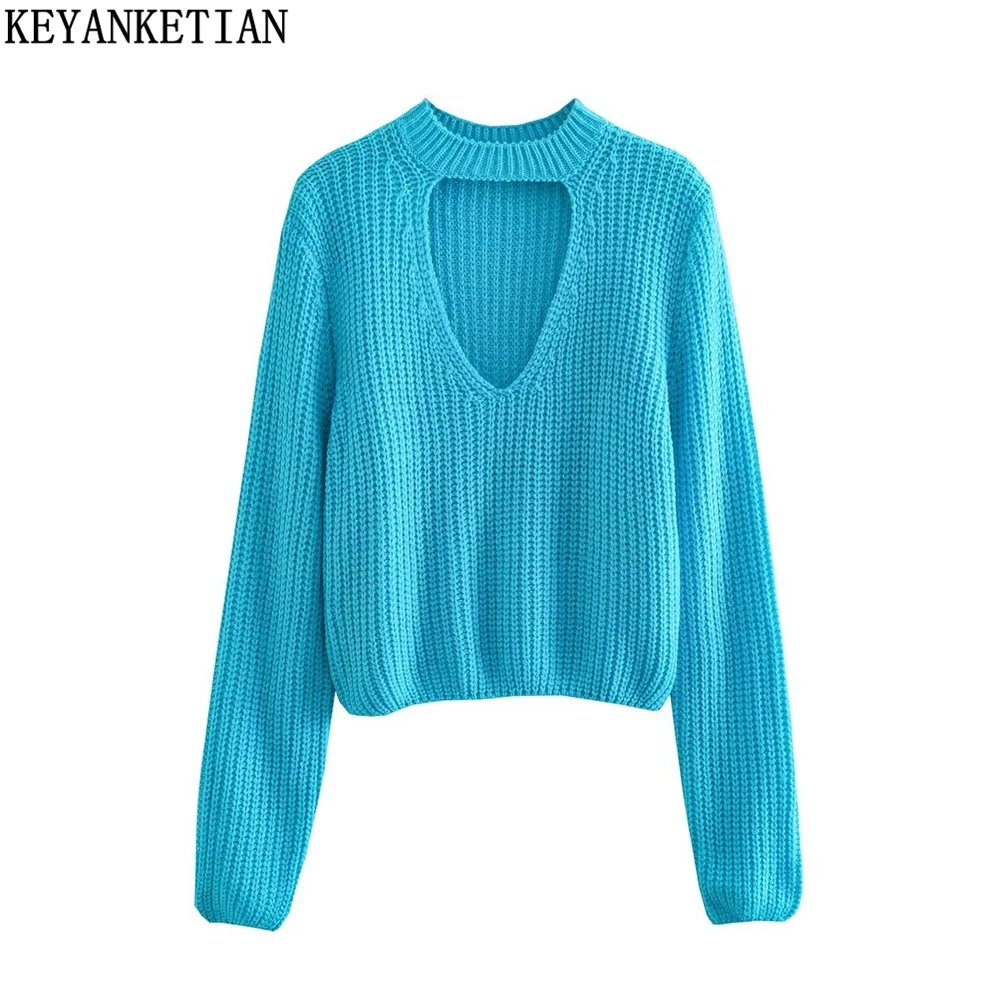 

KEYANKETIAN women's cut-out neck knit Fall New minimalist chic Chunky blue short jumper long sleeve top sweater