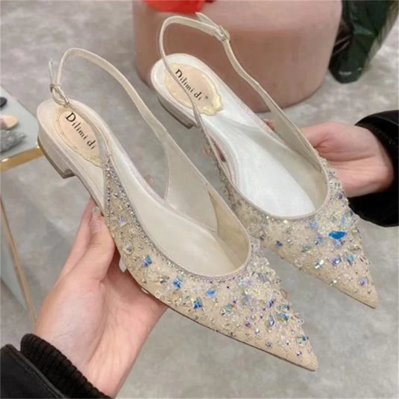 

Сандалии женские с цветными камнями, босоножки с острым носком, с ремешком сзади, обувь с кристаллами