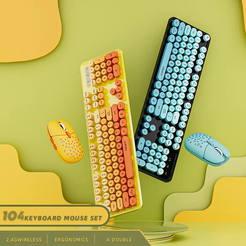 Фото Беспроводной игровой комплект клавиатура+мышь 2.4G, 104 клавиши, с милыми ретро-клавишами круглой формы, эргономичная клавиатура с мультимедийными функциональными клавишами №1