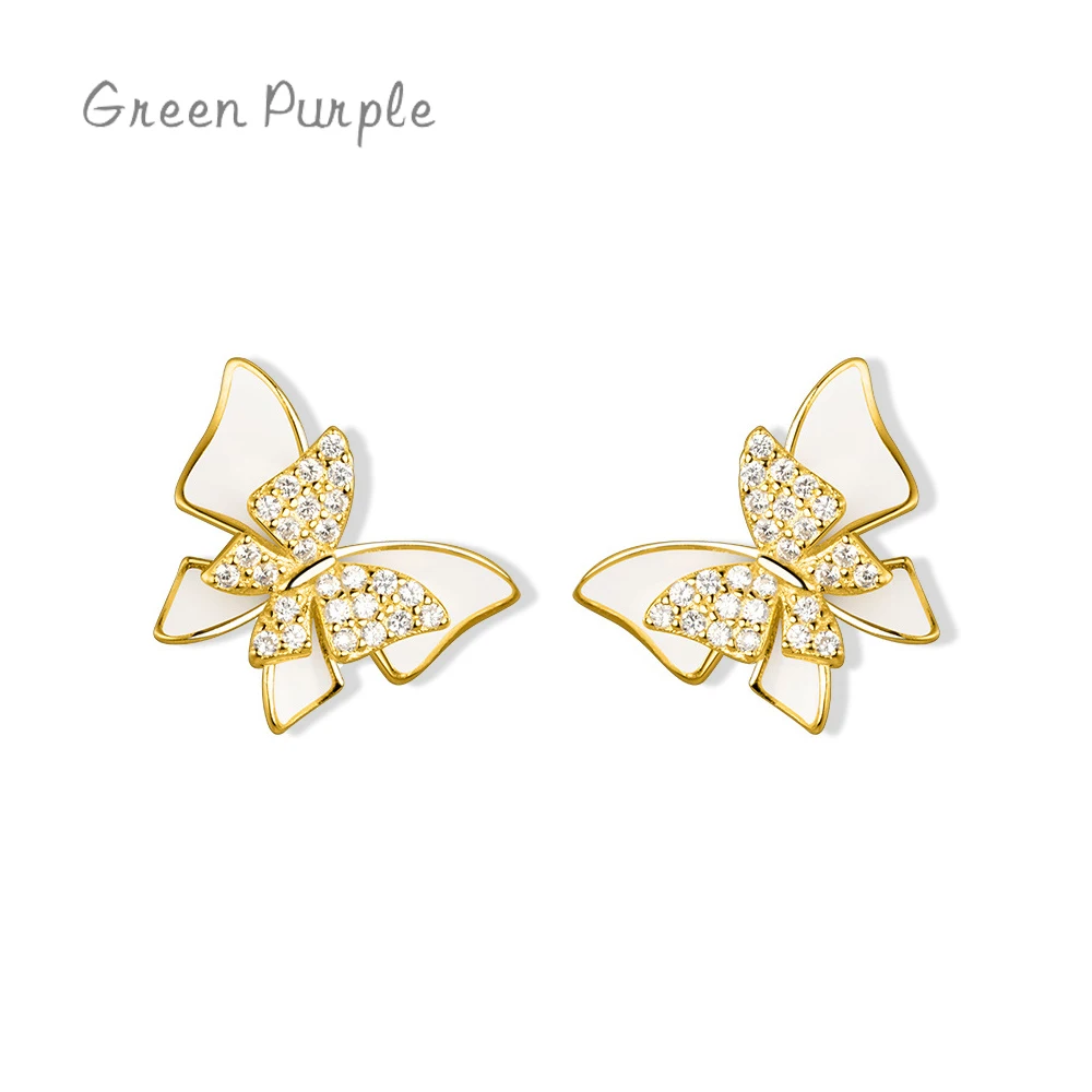 

Real 925 Sterling Silver Enamel Butterfly Stud Earrings 14k Gold Plated Shiny Zircon Charm Jewelry For Women Gifts Accessories