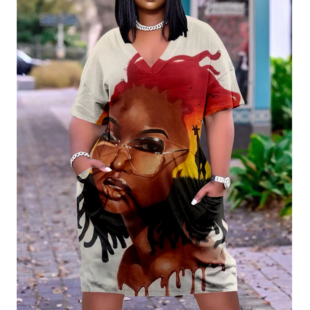 

2020 Retro women's fashion print MIDI Bohemian beach dress Pocket short-sleeved party dress V neck