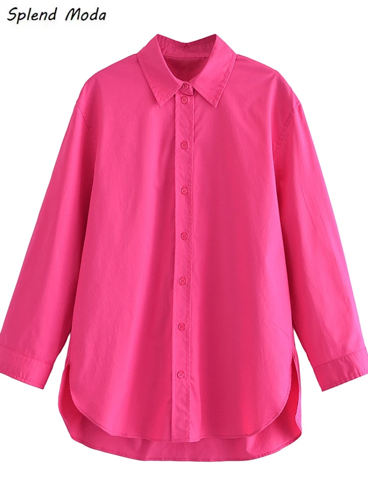 

Splend Moda 2022 Spring New Vintage Fashion Casual Korean Style Rose Red Turn Down Collar Long Sleeve Loose Shirt For Women