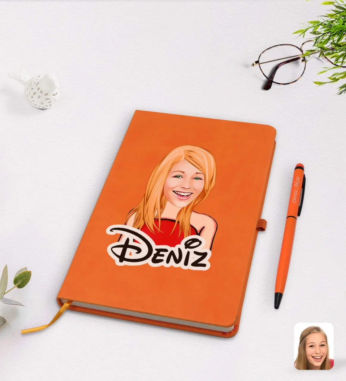 

Personalized women cartoon orange thermo leather notebook pen set Model 33