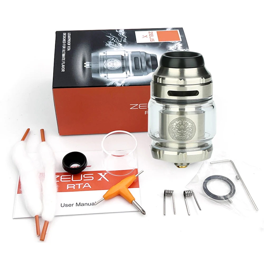 

Атомайзер AosVape Zeus X RTA, 25 мм, 4,5 мл, стекло с хлопковой спиралью Clapton 810, дрип-тип Delrin, поток воздуха, герметичный
