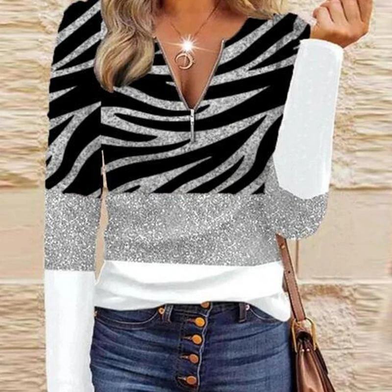 

Женский пуловер на молнии с V-образным вырезом и длинным рукавом