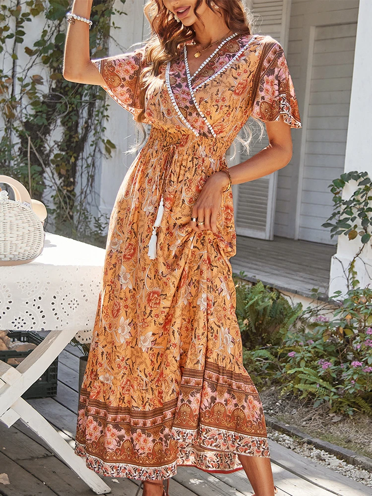 

Женское винтажное мини-платье с принтом, повседневное Свободное платье с V-образным вырезом и рукавом до локтя, уличная одежда в стиле Харад...