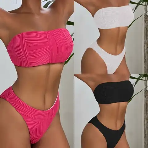 Women Bandeau Bikinis Set Ladies High Cut Bathing Suit 2 Pieces Swimwear Female Solid Color Strapless Swimsuit Beachwear