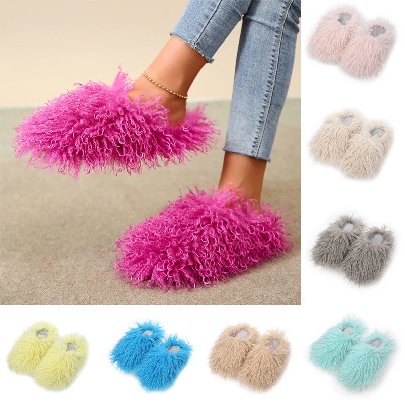 

Autumn Winter New Women Home Soft Plush Fur Slippers Luxury Furry Faux Fur Shoes Cotton Warm Plus Size Shoes Fashion