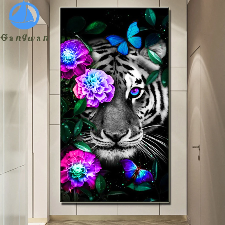 5d Diy Diamond Painting Mosaic color flower with bule eyes Tiger Embroidery Cross Stitch Animals Crystal Picture big Home Decor