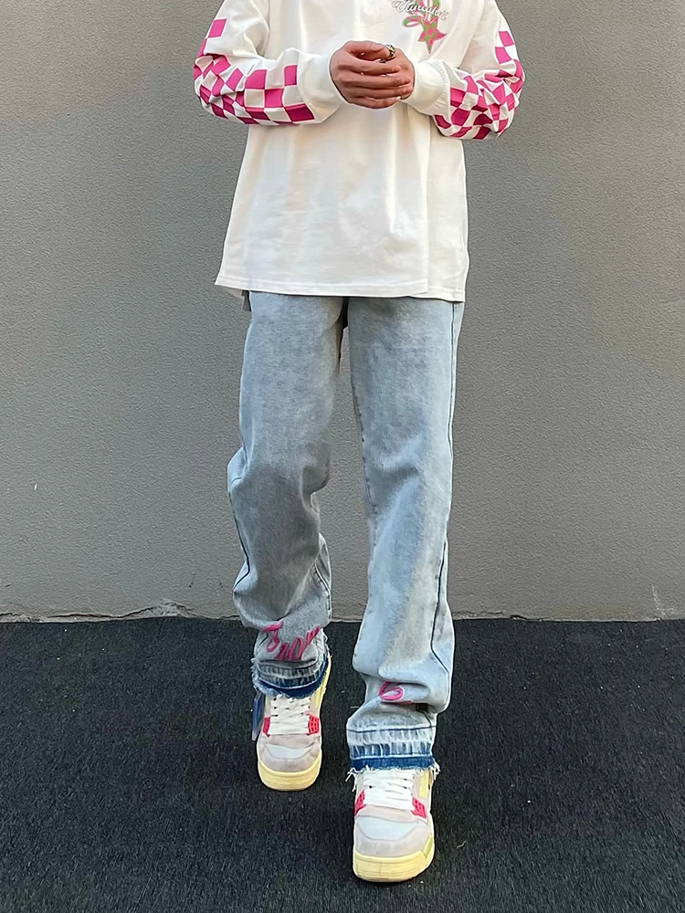Y2K Retro Letter Embroidery Ripped Men's Jeans Harajuku Retro Straight Washed Pants Casual Oversized Denim Trousers Streetwear