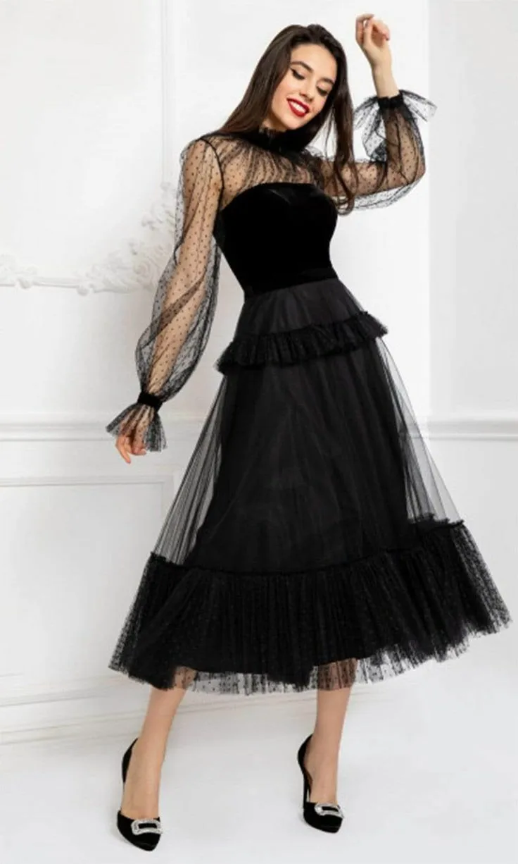 

Vintage High Neck Long Sleeve Black Tulle Evening Dresses Middle East Prom Gowns Tea Length Zipper Back Formal Party Dress