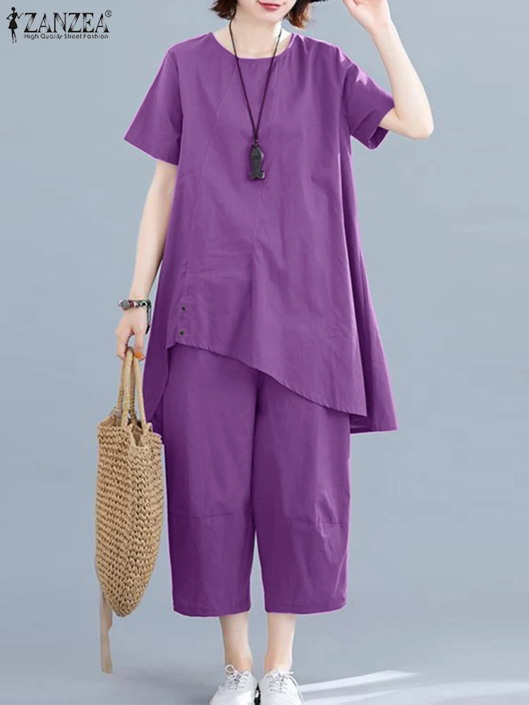 

Vintage Solid Outfits Women Matching Sets ZANZEA 2022 Casual Short Sleeve Shirts Wide Leg Pants Asymmetrical Blouses Overisized