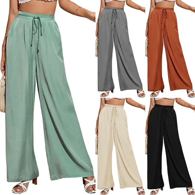 European and American Summer New Women's High Waist Casual Pants Solid Elastic Waist Lace Loose Wide Leg Pants for Women