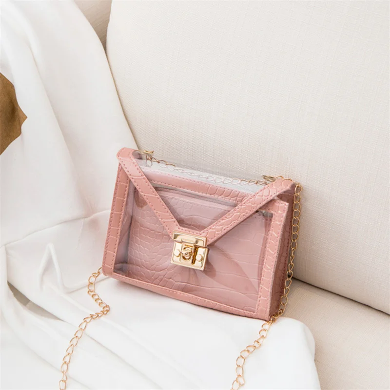 

Crocodile Pattern Jelly Women'Shoulder Bag 2022 Summer Autumn Bags Transparent Handbag Personality Lock Chain Small Square Bag