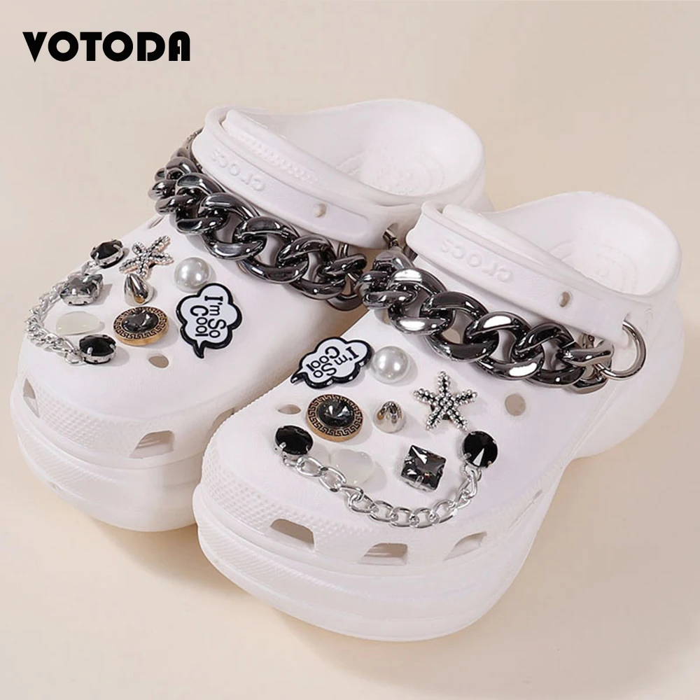 New Brand Shoes Charms Designer Croc Charms Set Metal Black Chain Starfish Rhinestone Girl Gift Glow Clog Decaration Accessories