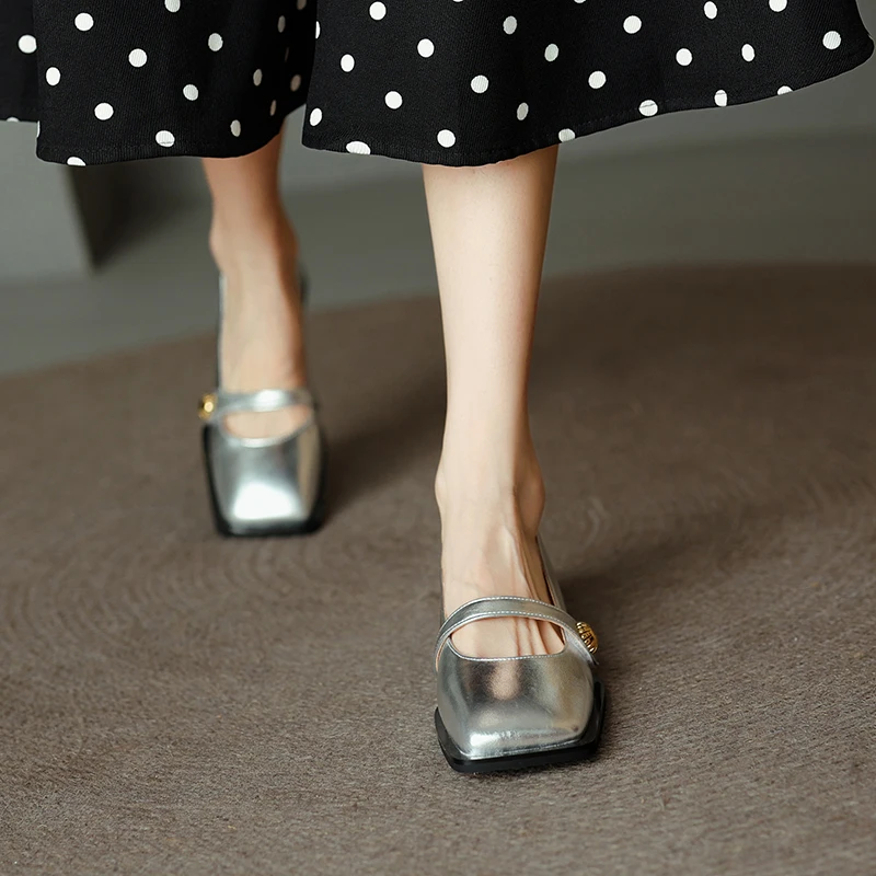 34-40 large size silver women's shoes cow leather middle heel thick heel square head sheepskin insole buckle lace women's shoes