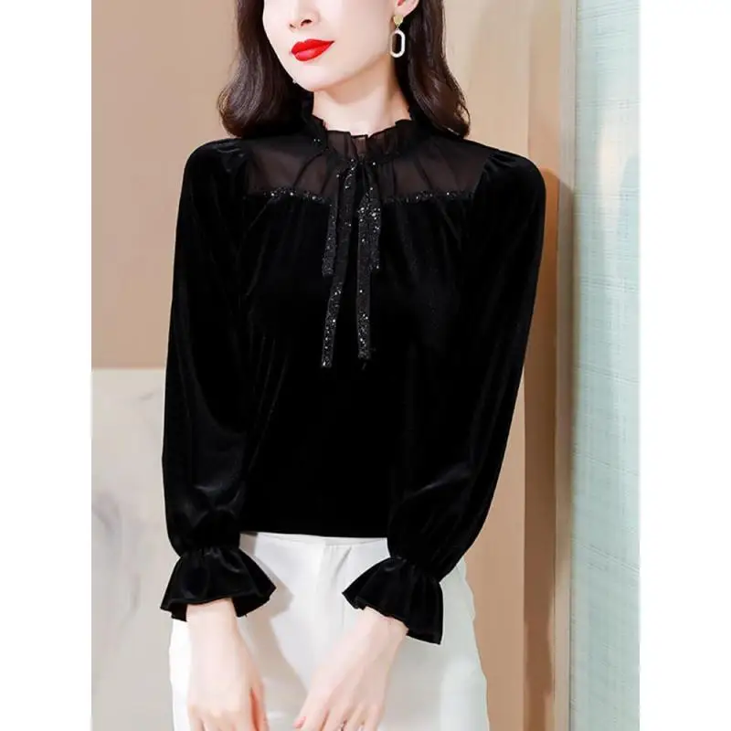 Женский бархатный топ с длинным рукавом