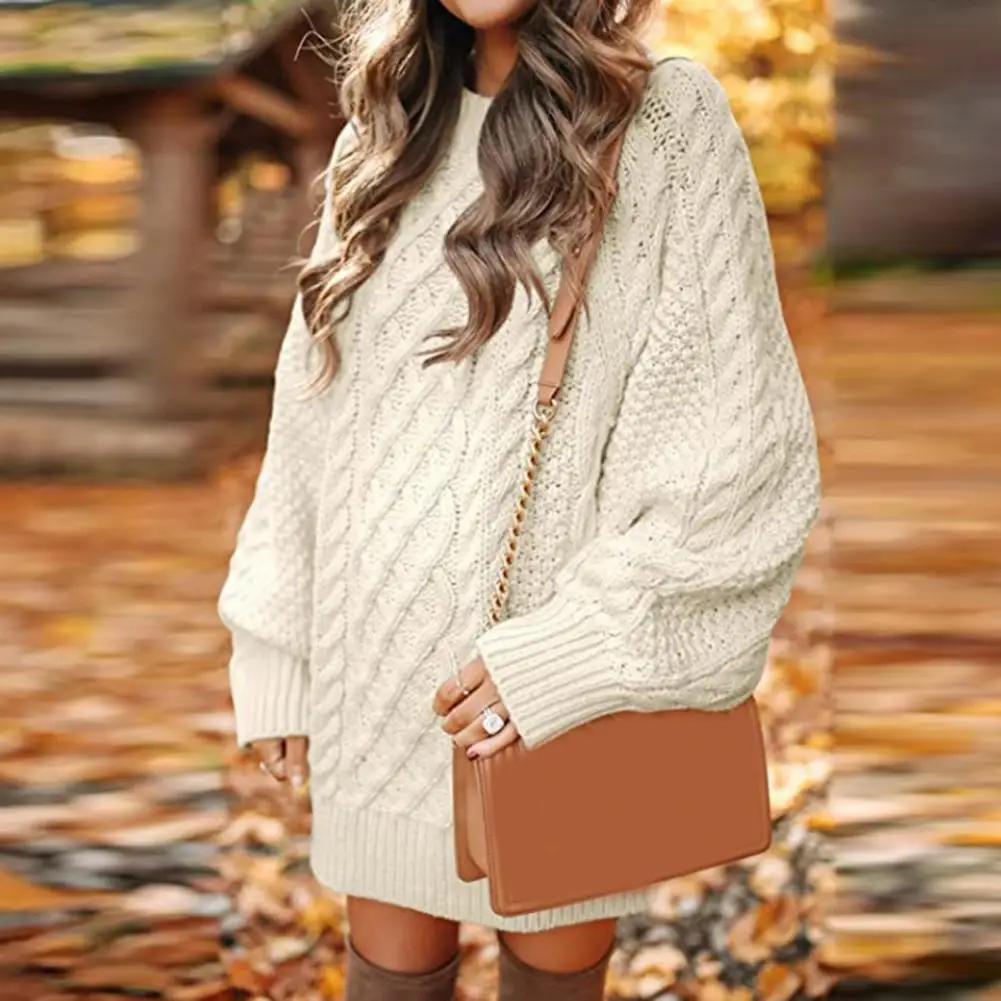 

Женский пуловер, свитер с круглым вырезом, сохраняющее тепло, с длинным рукавом, средней длины, вязаное Платье-Свитер оверсайз с завязками для повседневной носки