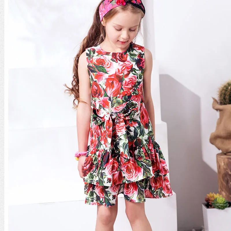 

New Sleeveless Kids Dresses Girls Flower Printed Princess Dress Summer Children Clothing 4-8 Years Teens Girl Elegant Outfits