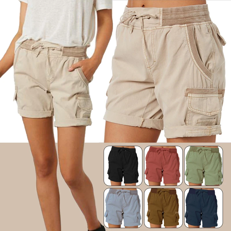 

Шорты-карго женские с эластичным поясом, хлопково-льняные Короткие штаны с карманами, пляжные однотонные приталенные дышащие, летние
