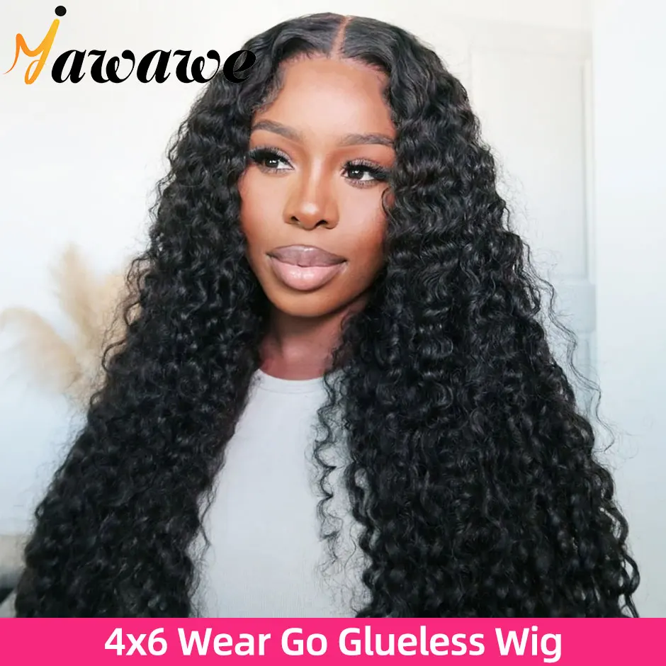 Фото Yawawe hair water wave 6X4 бесклеевой парик из человеческих волос, готовые парики для женщин, фронтальный парик на сетке, предварительно выщипанный, готовый к работе №1