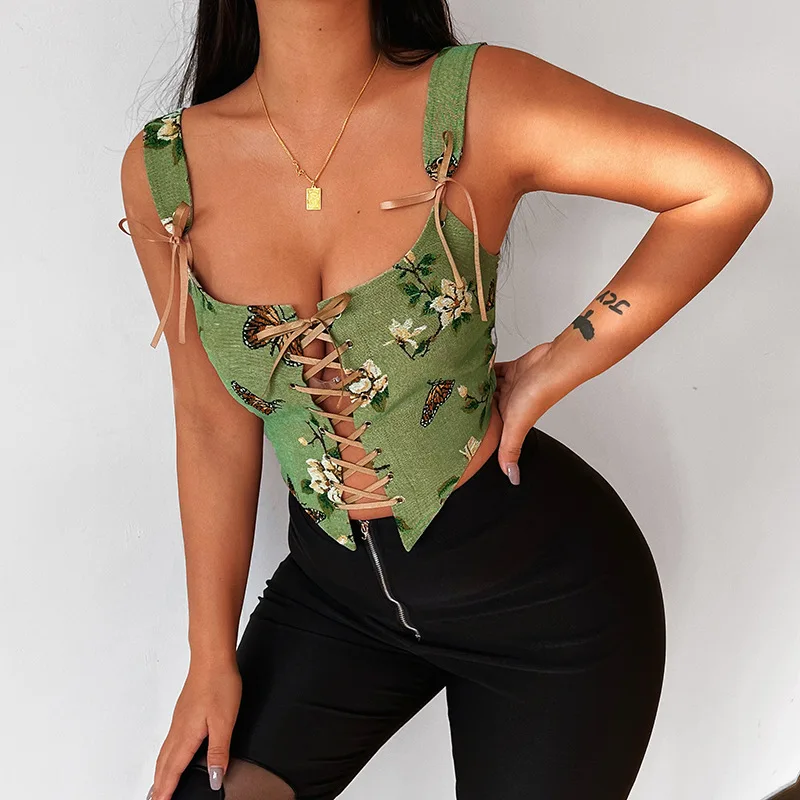 

2022 Summer New Vintage Floral Embroidery Bandage Camis Tops Women Bodycon Sexy Casual Party Club Slip Crop Top Y2k Clothes