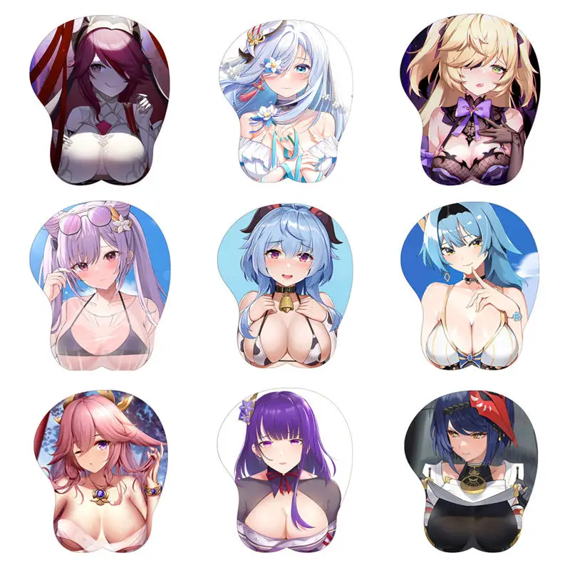 Коврик для мыши Genshin Impact 3D Oppai с подставкой запястья Ganyu Keqing Paimon Fischl силиконовый