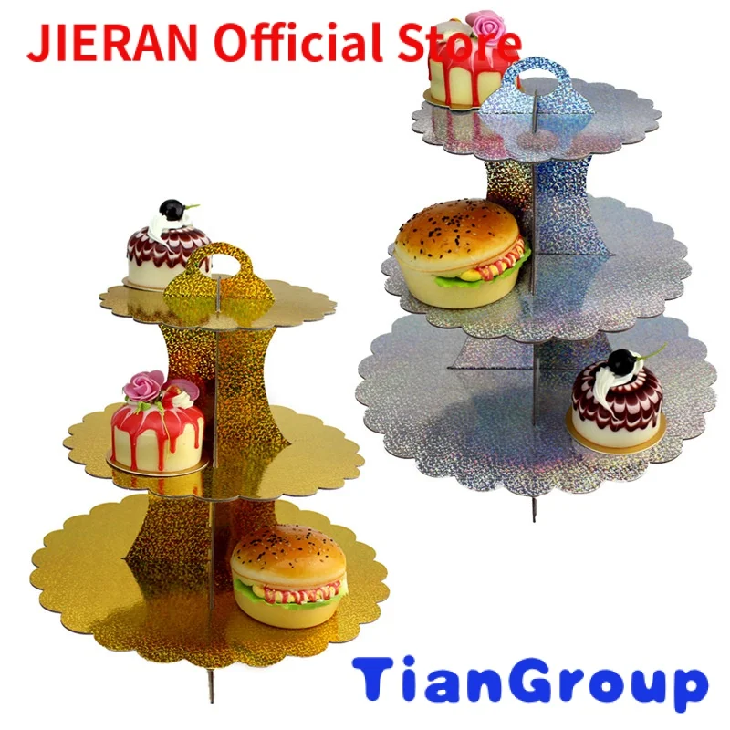 

3-Tier Shine-Silver Cardboard Cupcake Stand Tower disposable Holder for Birthday Party Display Dessert Donuts