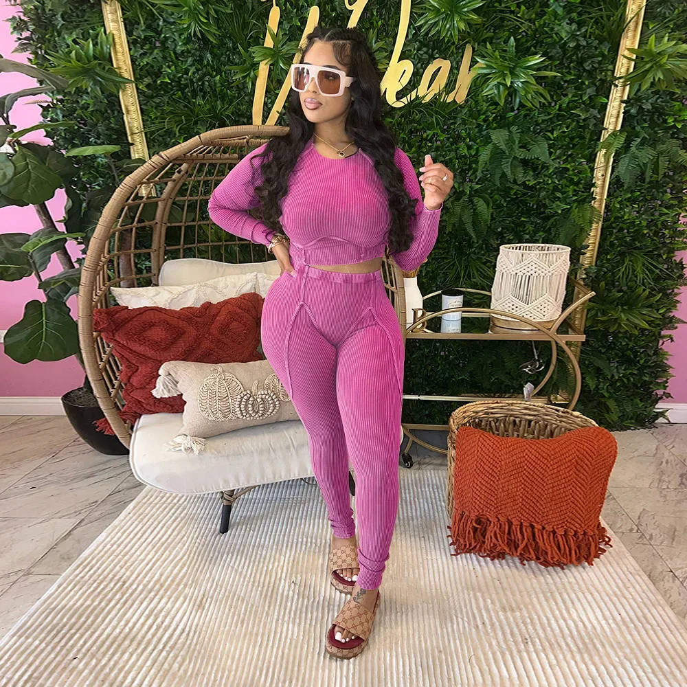 Модный сексуальный облегающий топ в рубчик с круглым вырезом и длинными рукавами