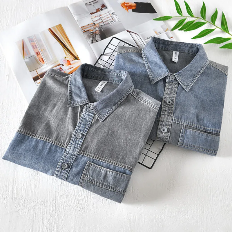 Summer Men Japan Style Patchwork Cotton Denim Short Sleeve Shirt Fashion Male Casual Contrasting Colors Thin Shirts Cloth