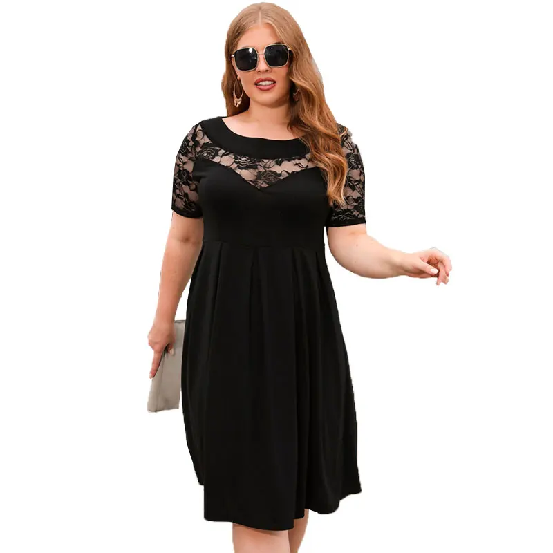 Plus Size Dresses for Women 2023 Summer Midi Elegant Short Sleeve Lace Patchwork Black Party Dresses Female Outfits Clothing 4XL