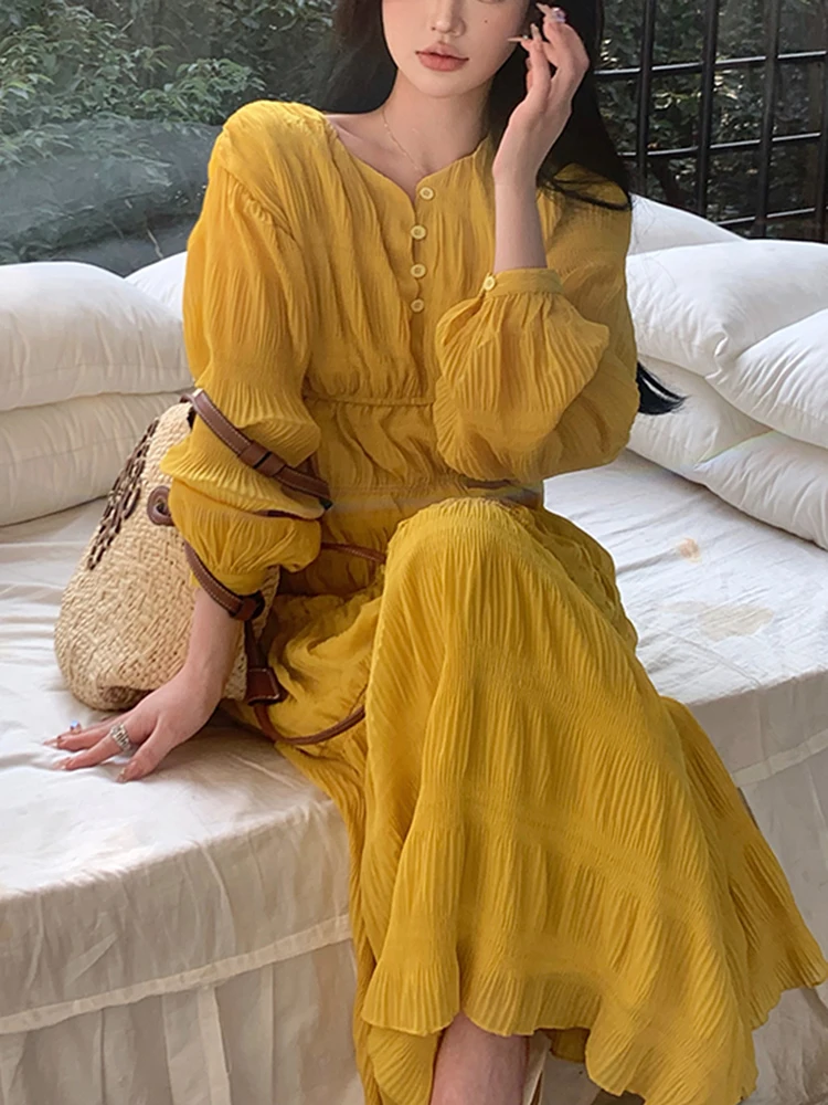 

Женское длинное платье с рукавом «Бишоп», элегантное желтое платье в Корейском стиле, цельное Плиссированное дизайнерское платье, лето