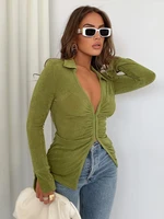 elegant turn down collar long sleeve ruched green shirts women 2022 summer autumn sexy v neck vacation crop tops ladies outfits