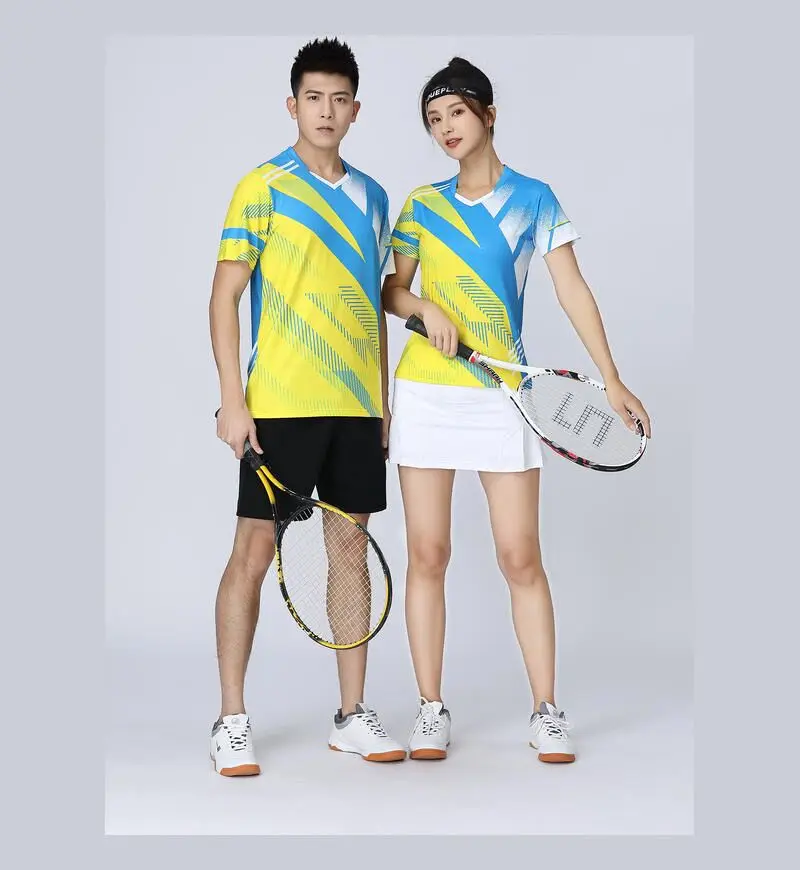 

Yellow Tennis T-Shirts For Men Women V- Collar Quick Dry Tennis T Shirt Badminton Clothes Boys Kits Table Tee Shirts