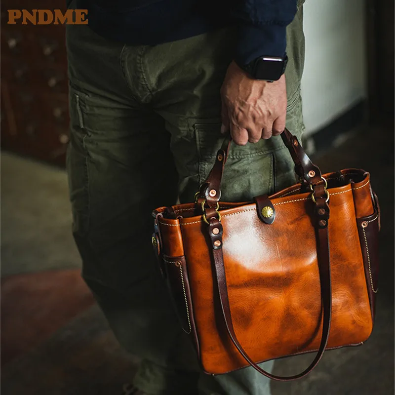 PNDME Vintage fashion luxury desig top layer cowhide  men's handbag outdoor leisure organizer genuine leather youth shoulder bag