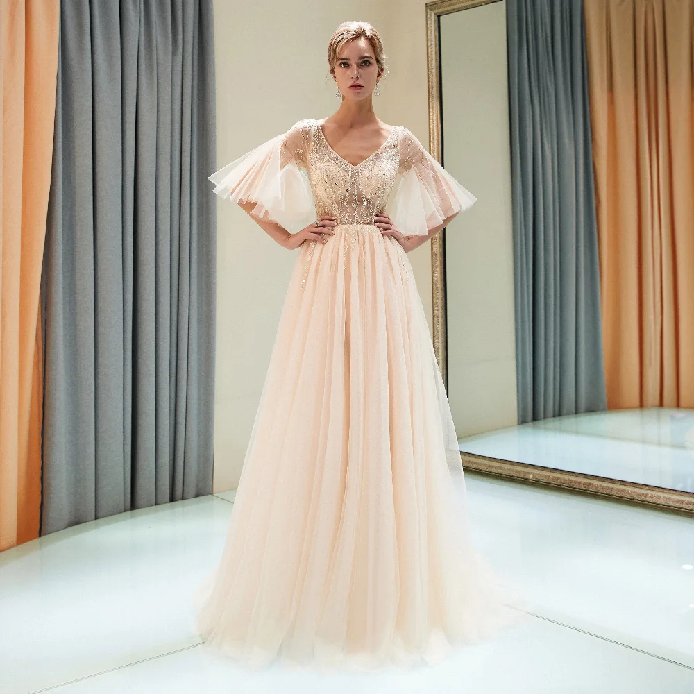 

Elegant Princess Dress Formal Occasion Prom Dresses A-Line V Neck Illusion Half Sleeve Court Train Tiered Chiffon with Beading