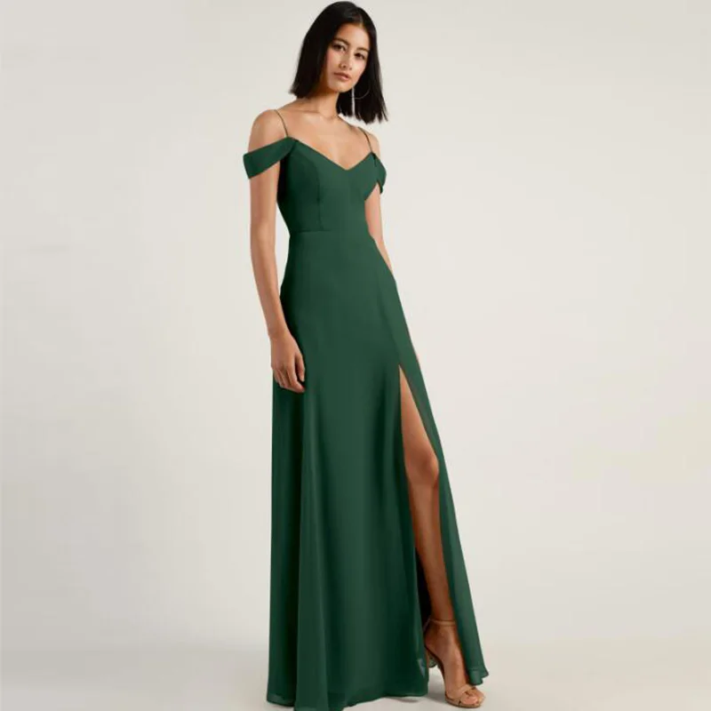 

Fabulous Green Bridesmaid Dress 2022 A-Line V-Neck Floor-Length Off-the-shoulder Split Slit Pageant Dresses Wedding Guest Party
