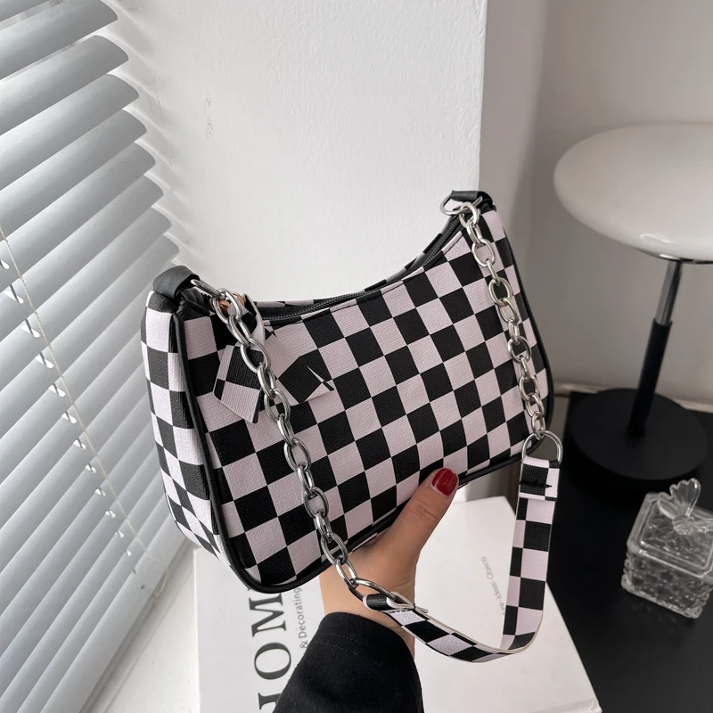 

Fashion Plaid Pattern Women Underarm Bag Retro Chain Female Hobos Shoulder Bags Portable Ladies Simple Square Purse Handbags