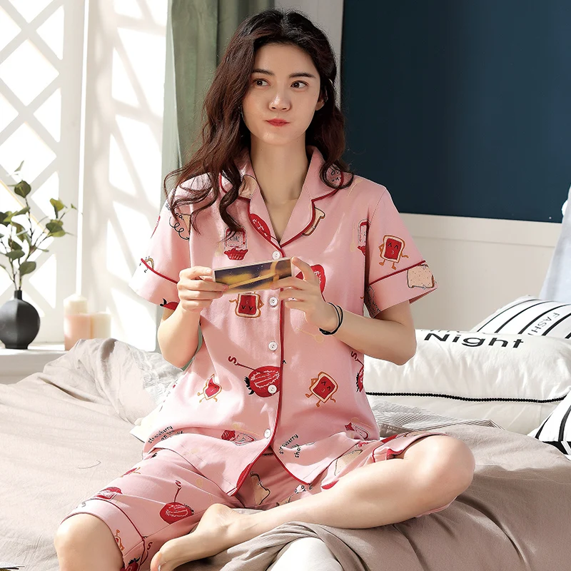 

Autumn 2022 New 100% Cotton Cardigan Pajamas Set For Women V Collar Short Sleeve Home Sleepwear Nightwear LightPink Strawberry