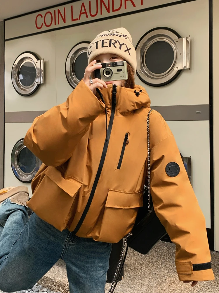 Желтая куртка-карго с капюшоном верхняя одежда женская зима 2024 новый корейский