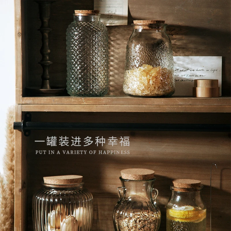 

European style antique relief wood stoppered glass sealed jar Miscellaneous grain storage jar Kitchen dried fruit storage jar